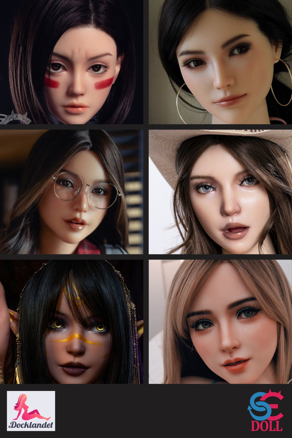 Bilden visar ett urval av silikon-huvuden från märket SE-Doll, tillsammans med Docklandets och SE-Doll's logotyper