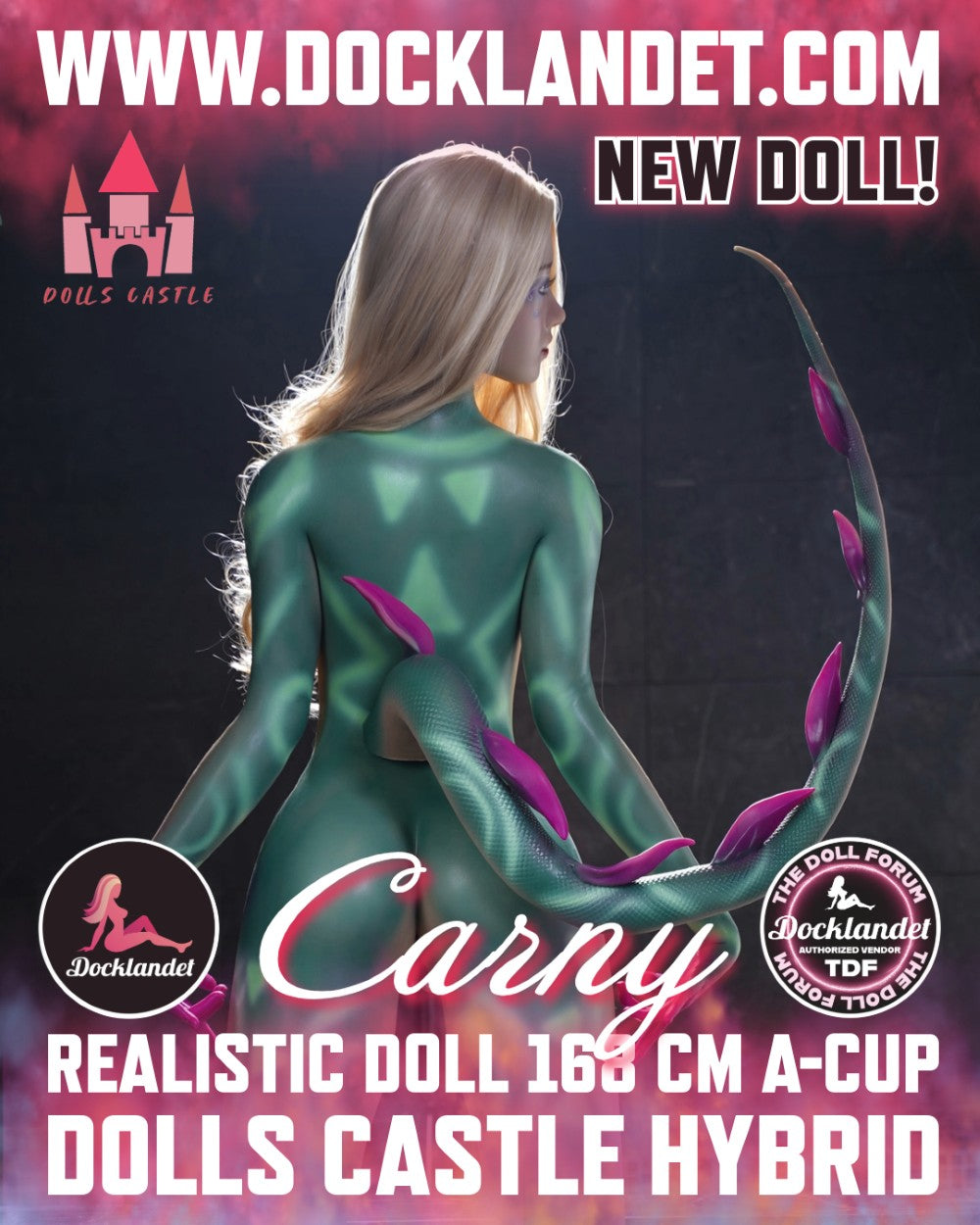 Carny is a unique 168 cm sex doll from the Dolls Castle brand. This doll has a special body with a tail, body paint and A-cup breasts. Carny is available with or without a tail. The tail can be permanently attached or replaceable. Write in the message field if you would like any changes.